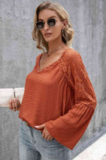 V-Neck Spliced Lace Flare Sleeve Top - Ladyez