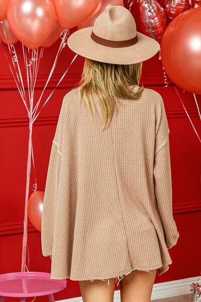 BiBi V-Neck Waffle Uneven Hem Top - Ladyez