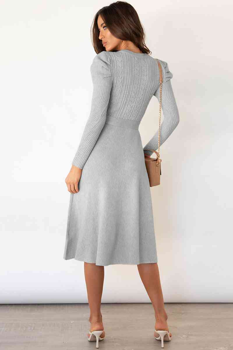 Round Neck Long Sleeve Tie Waist Sweater Dress - Ladyez