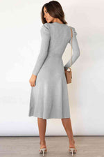 Round Neck Long Sleeve Tie Waist Sweater Dress - Ladyez