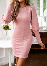 Cable-Knit Round Neck Lantern Sleeve Sweater Dress - Ladyez