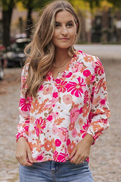 Floral V-Neck Frill Long Sleeve Blouse - Ladyez