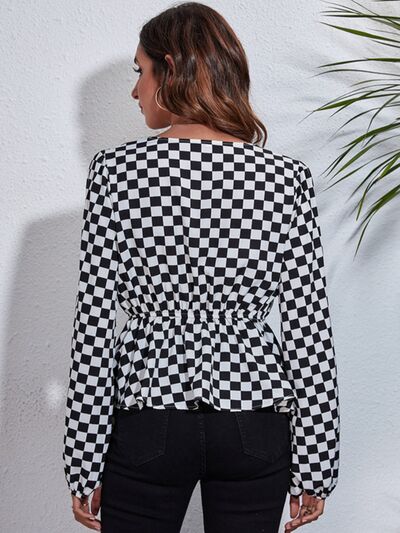 Checkered V-Neck Balloon Sleeve Peplum Blouse - Ladyez
