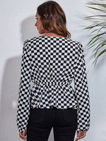 Checkered V-Neck Balloon Sleeve Peplum Blouse - Ladyez