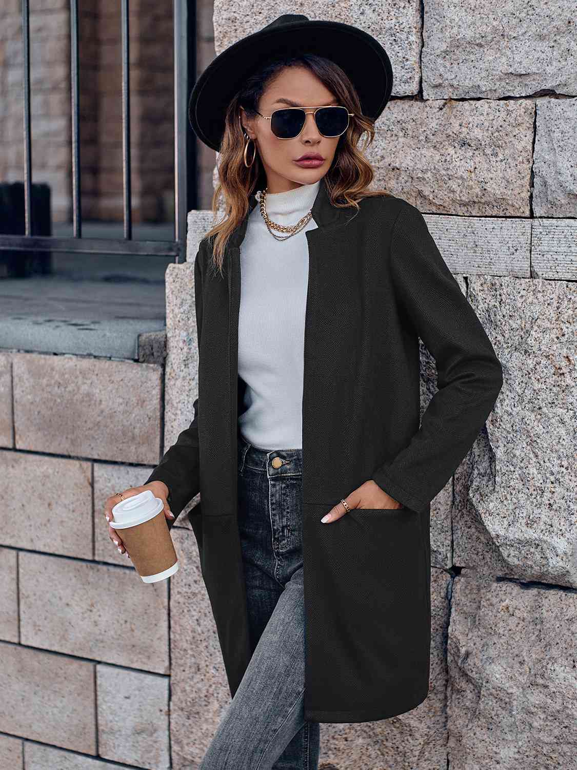 Open Front Long Sleeve Blazer - Ladyez