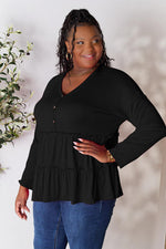 Double Take Half Button Long Sleeve Ruffle Hem Blouse - Ladyez