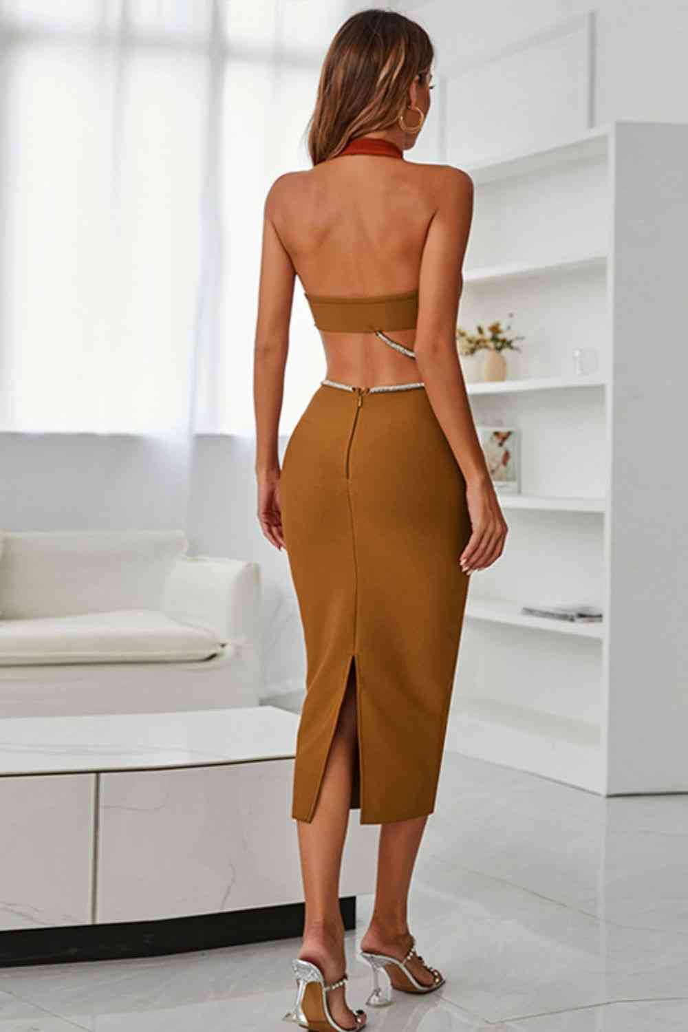 Rhinestone Halter Neck Cutout Slit Midi Dress - Ladyez
