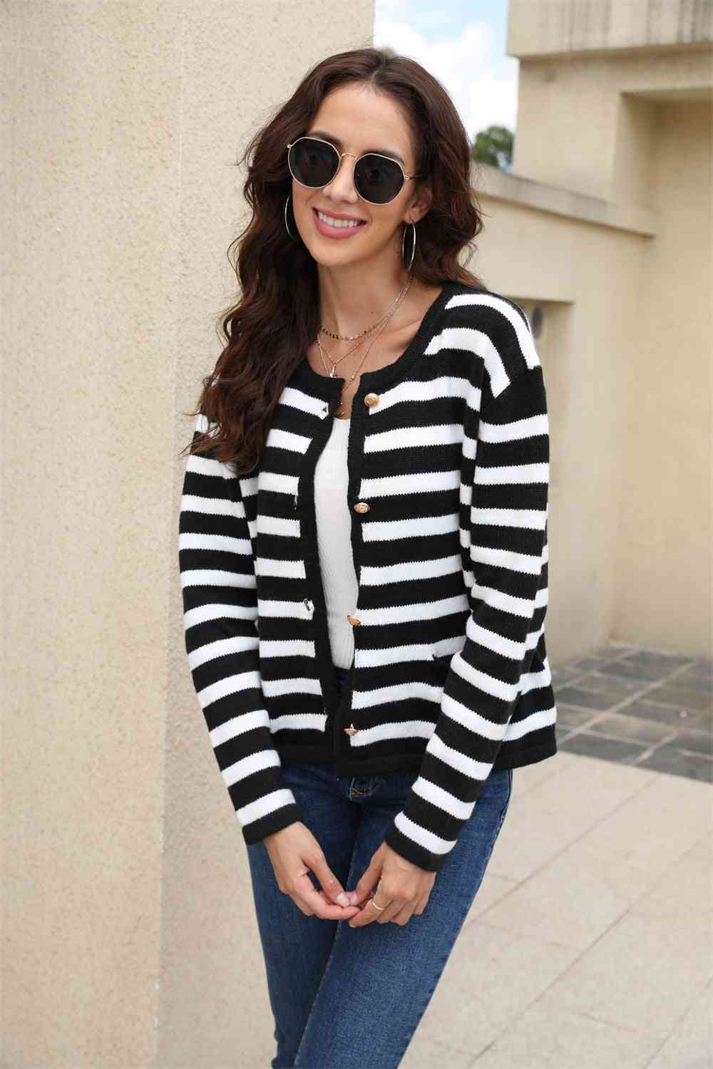Striped Round Neck Button-Down Dropped Shoulder Cardigan - Ladyez