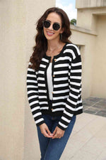 Striped Round Neck Button-Down Dropped Shoulder Cardigan - Ladyez