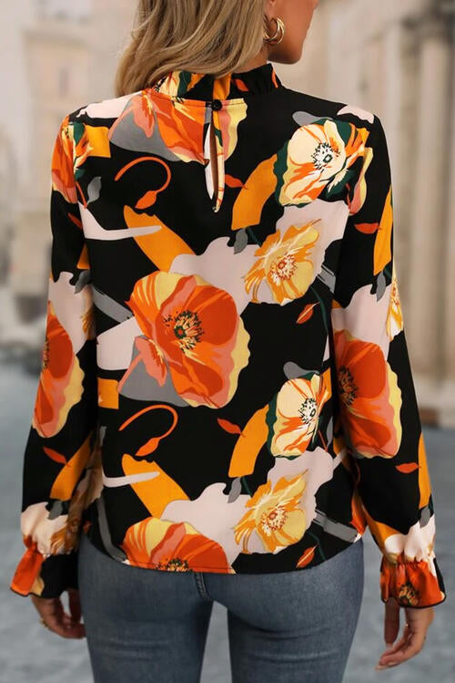 Floral Mock Neck Flounce Sleeve Blouse - Ladyez