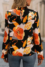 Floral Mock Neck Flounce Sleeve Blouse - Ladyez