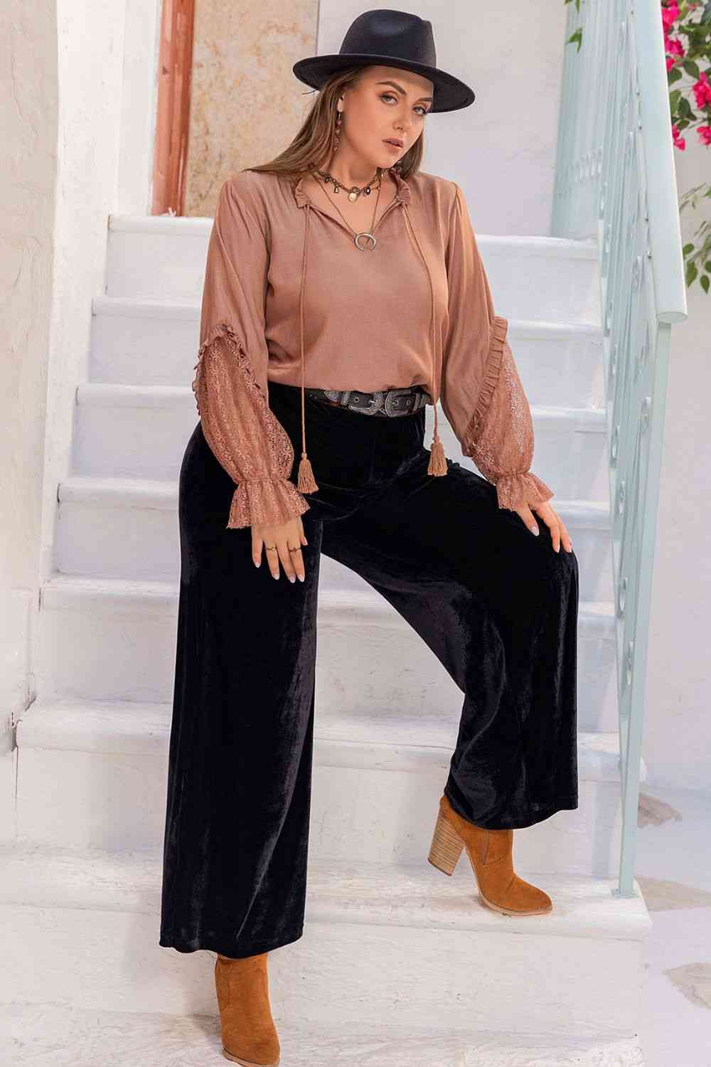 Plus Size Tie Neck Flounce Sleeve Blouse - Ladyez