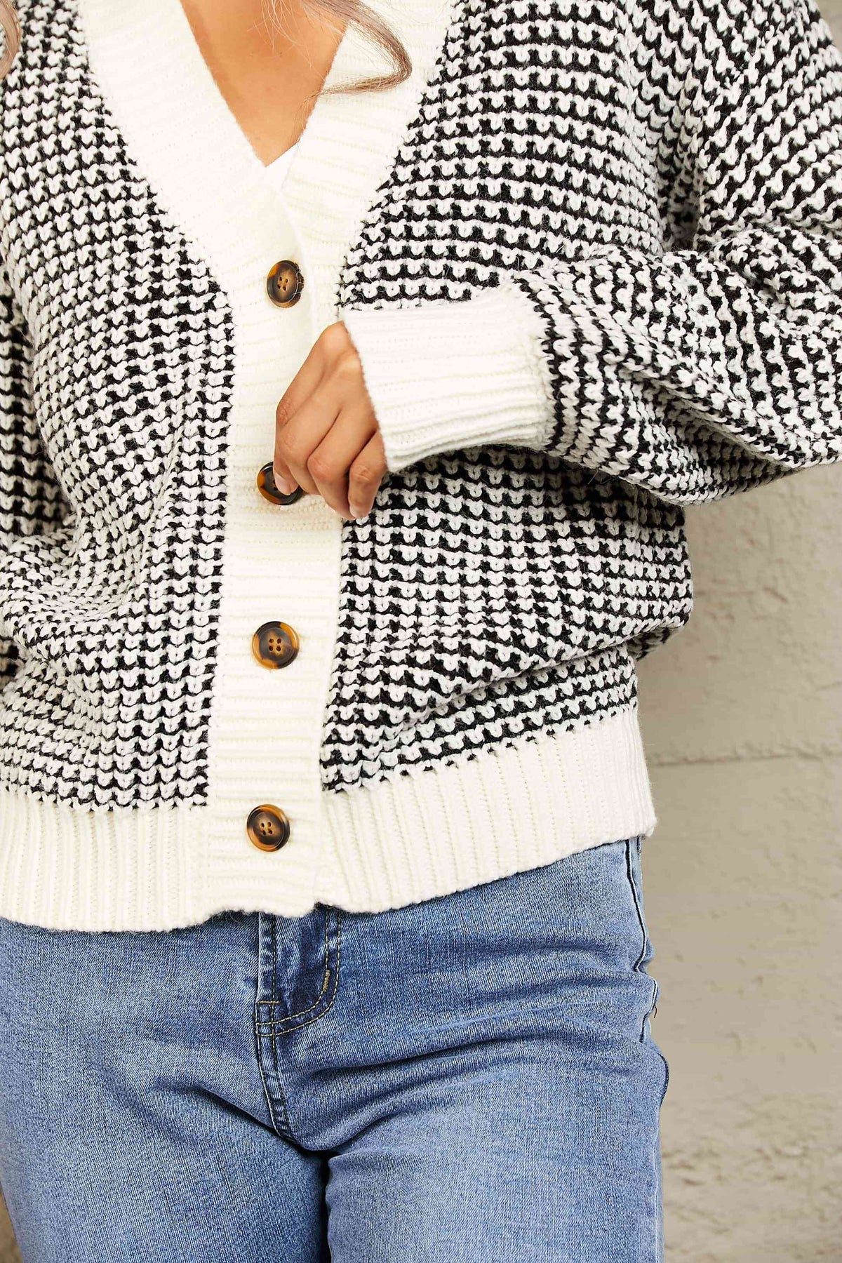 Woven Right Waffle-Knit Drop Shoulder Button-Down Cardigan - Ladyez