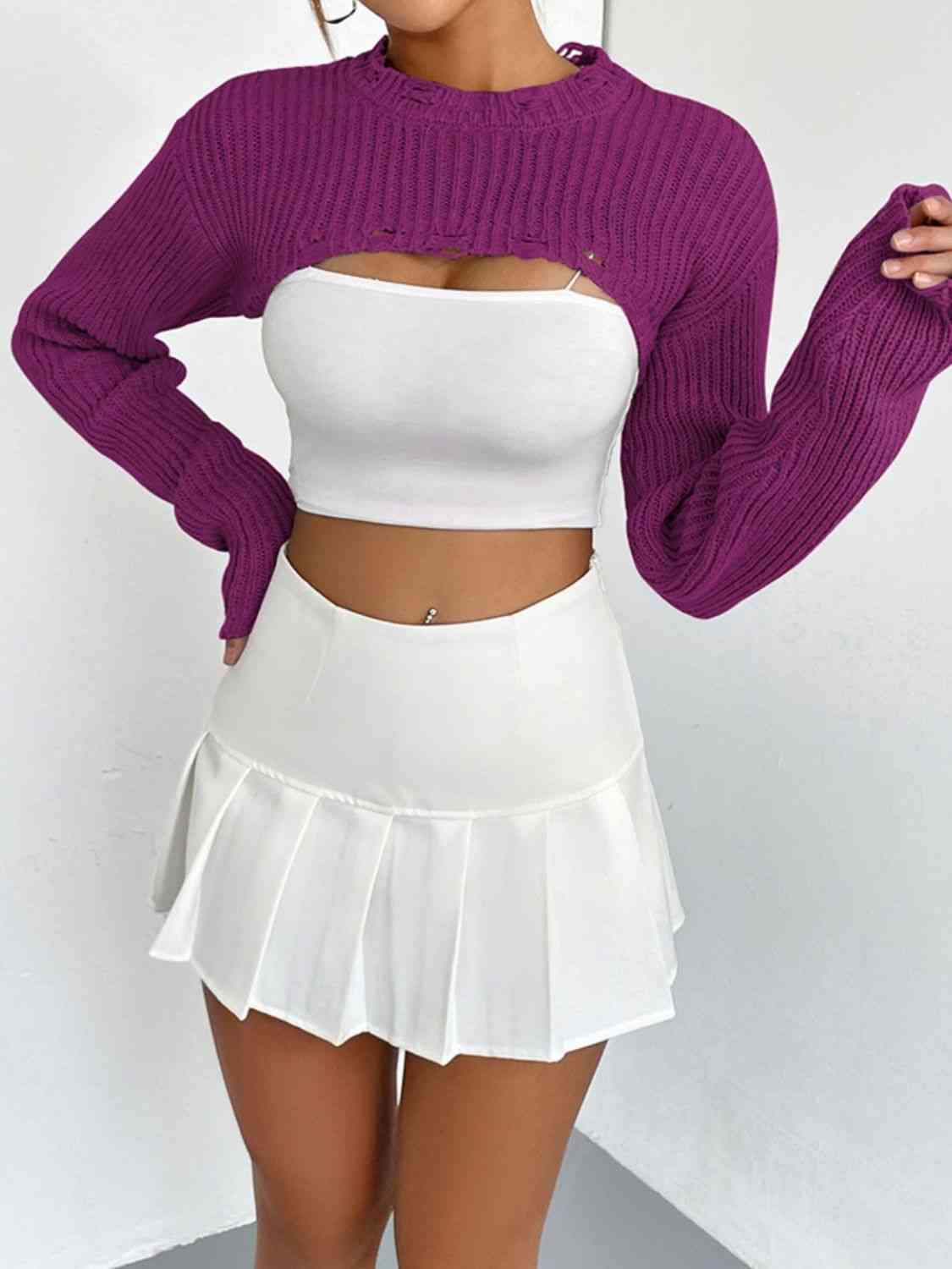 Distressed Long Sleeve Cropped Sweater - Ladyez