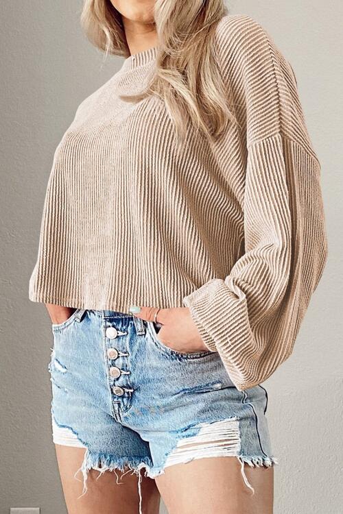 Round Neck Drop Shoulder Long Sleeve Top - Ladyez