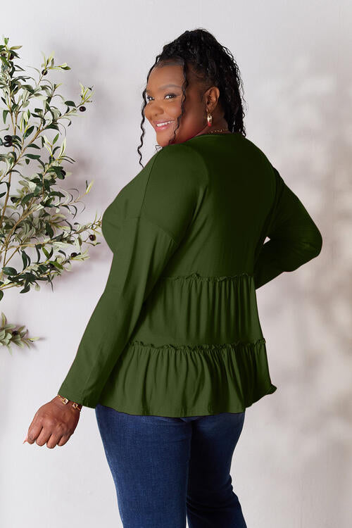Double Take Half Button Long Sleeve Ruffle Hem Blouse - Ladyez