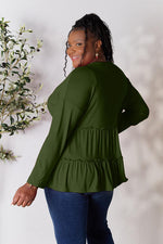 Double Take Half Button Long Sleeve Ruffle Hem Blouse - Ladyez