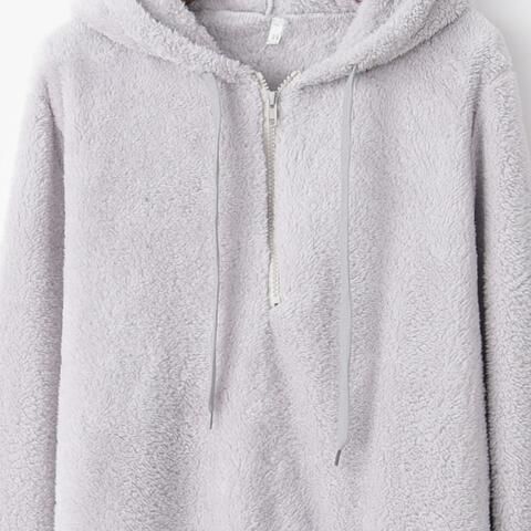 Quarter-Zip Drawstring Teddy Hoodie - Ladyez