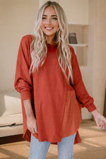 Contrast Texture Round Neck Long Sleeve Blouse - Ladyez