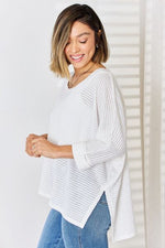 Zenana Full Size Waffle Knit V-Neck Long Sleeve Slit Top - Ladyez