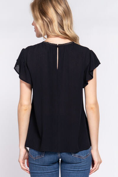 ACTIVE BASIC Ruffle Short Sleeve Crochet Blouse - Ladyez