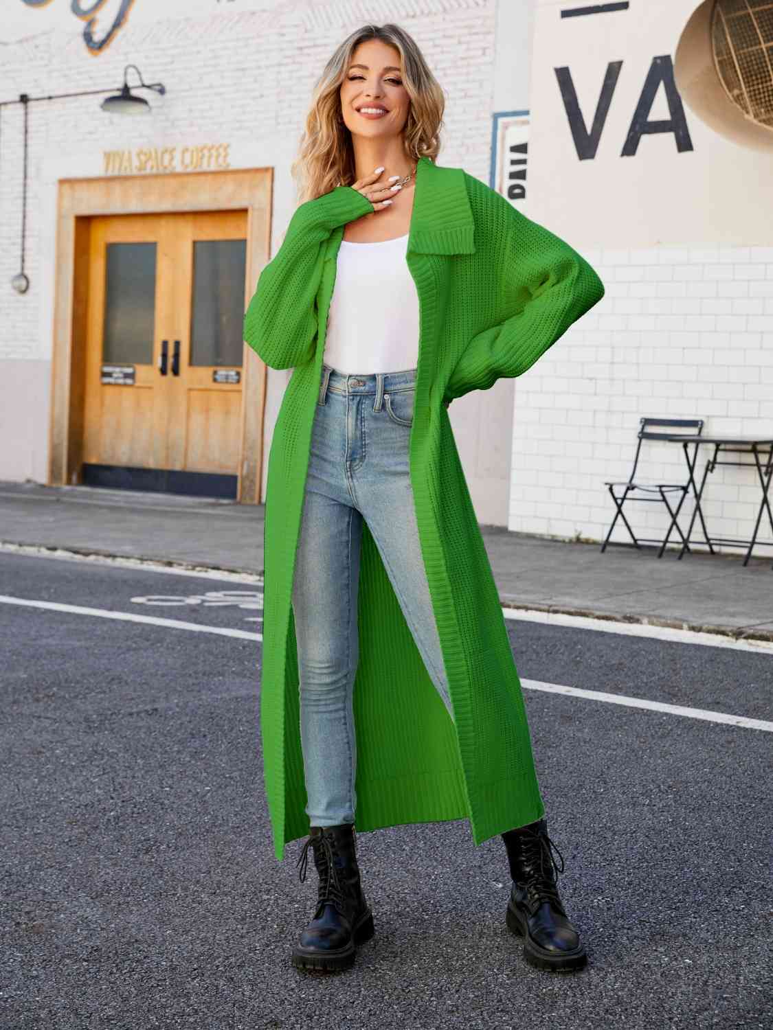 Full Size Collared Open Front Duster Cardigan - Ladyez