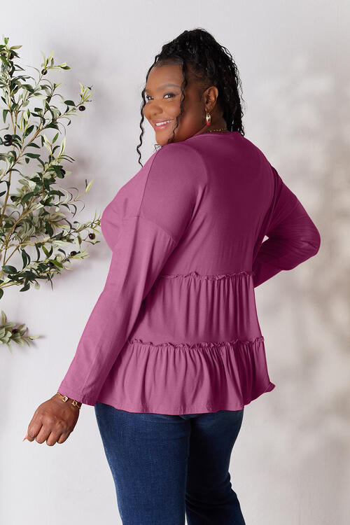 Double Take Half Button Long Sleeve Ruffle Hem Blouse - Ladyez