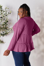 Double Take Half Button Long Sleeve Ruffle Hem Blouse - Ladyez