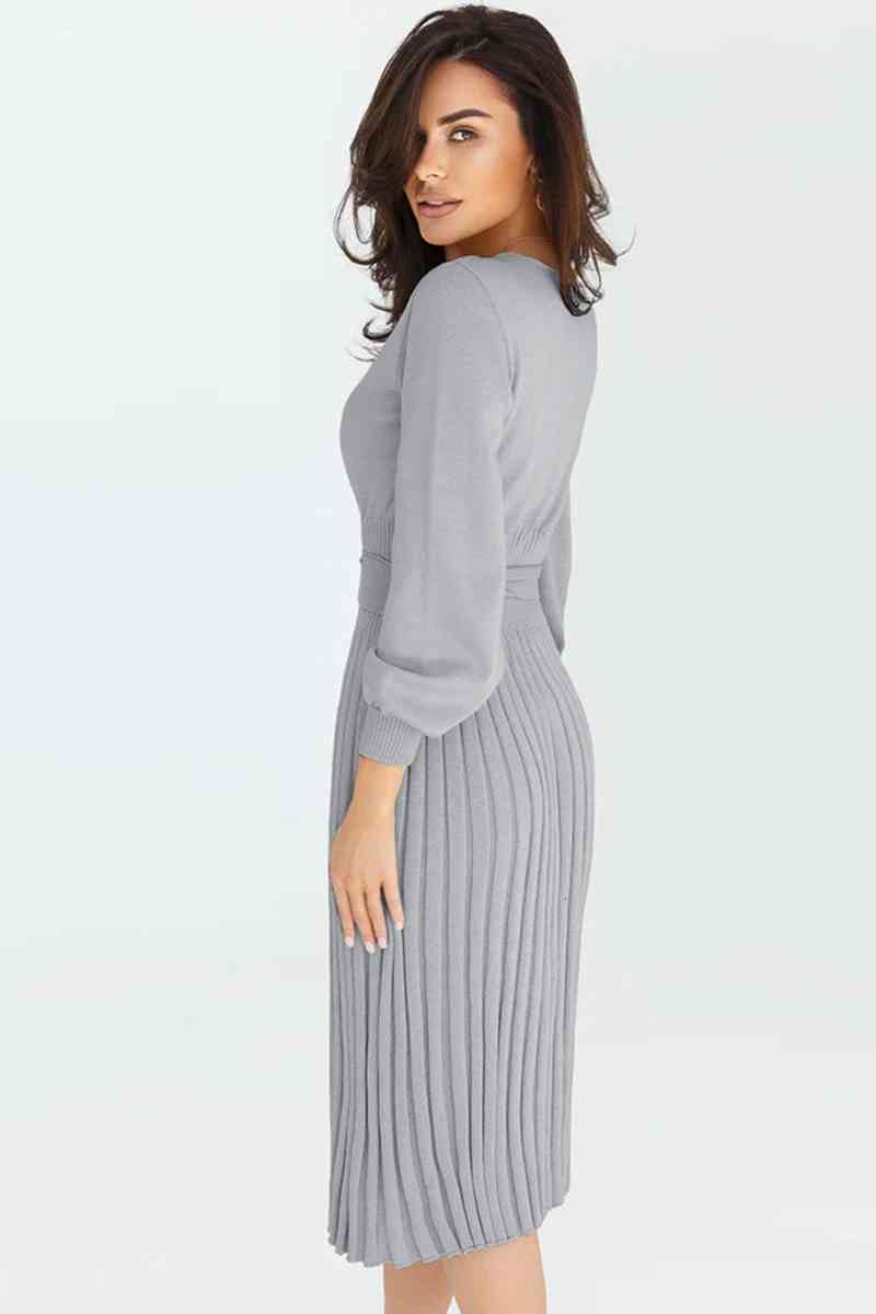 Round Neck Long Sleeve Pleated Sweater Dress - Ladyez