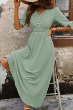Smocked Quarter Button Short Sleeve Dress - Ladyez