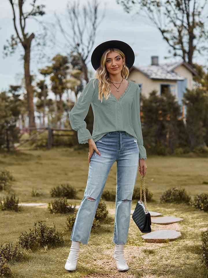 V-Neck Flounce Sleeve Blouse - Ladyez