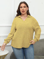 Plus Size Ribbed Collared Neck Long Sleeve Blouse - Ladyez