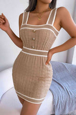 Contrast Trim Decorative Button Sleeveless Knit Dress - Ladyez