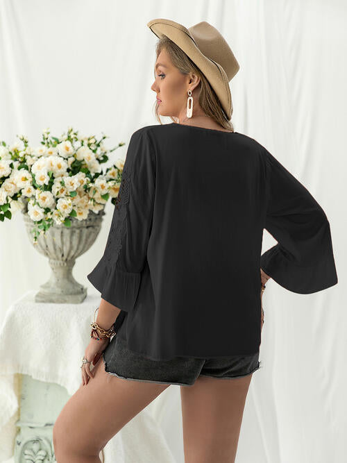 Double Take Plus Size Flower Crochet Flare Sleeve Top - Ladyez