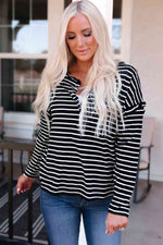 Striped Half Button Frill Trim Top - Ladyez