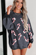 Sequin Candy Cane Round Neck Sweatshirt - Ladyez
