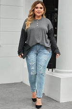 Plus Size Round Neck Long Sleeve Buttoned Blouse - Ladyez