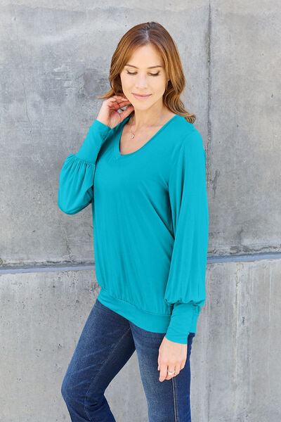 Basic Bae Full Size V-Neck Lantern Sleeve Blouse - Ladyez