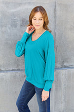 Basic Bae Full Size V-Neck Lantern Sleeve Blouse - Ladyez