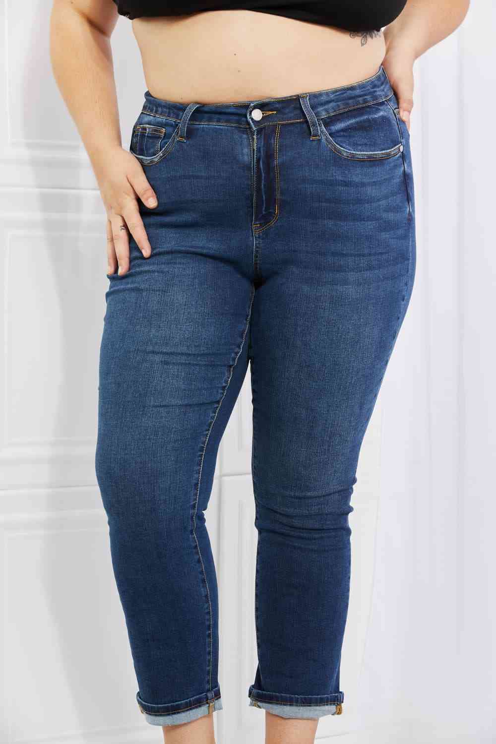 Judy Blue Crystal Full Size High Waisted Cuffed Boyfriend Jeans - Ladyez