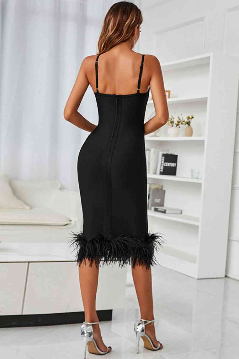 Spaghetti Strap Feather Trim Bodycon Dress - Ladyez
