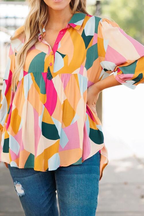 Heathered Collared Neck Long Sleeve Blouse - Ladyez