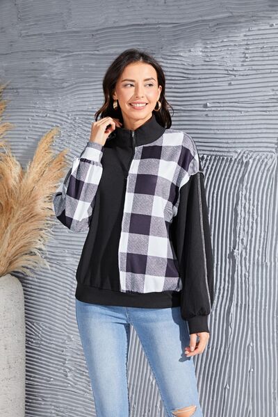 Plaid Exposed Seam Long Sleeve Blouse - Ladyez