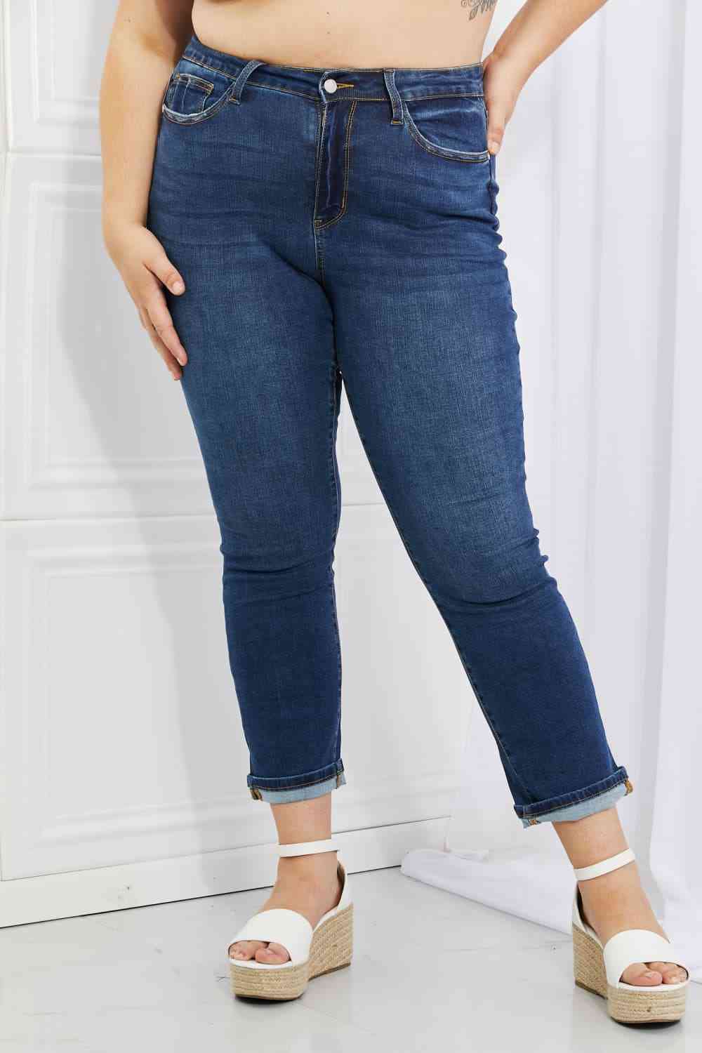 Judy Blue Crystal Full Size High Waisted Cuffed Boyfriend Jeans - Ladyez
