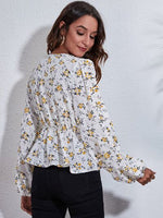 Floral V-Neck Balloon Sleeve Peplum Blouse - Ladyez