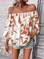 Printed Off-Shoulder Bell Sleeve Blouse - Ladyez