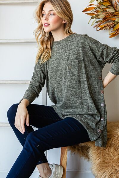 Reborn J Button Side Round Neck Long Sleeve T-Shirt - Ladyez