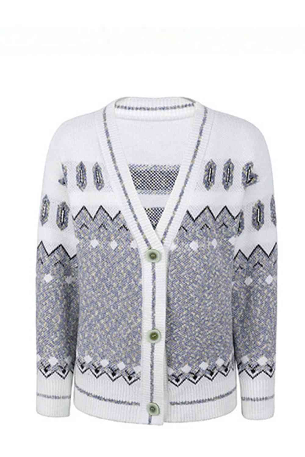Printed V-Neck Buttoned Cardigan - Ladyez