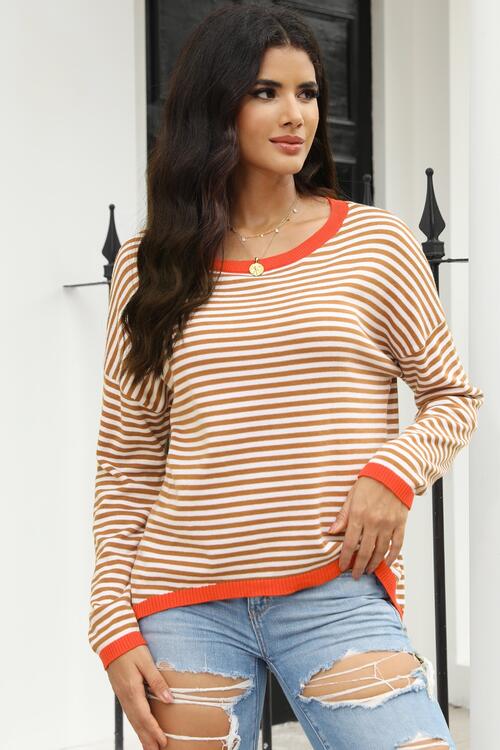 Striped Round Neck Drop Shoulder T-Shirt - Ladyez