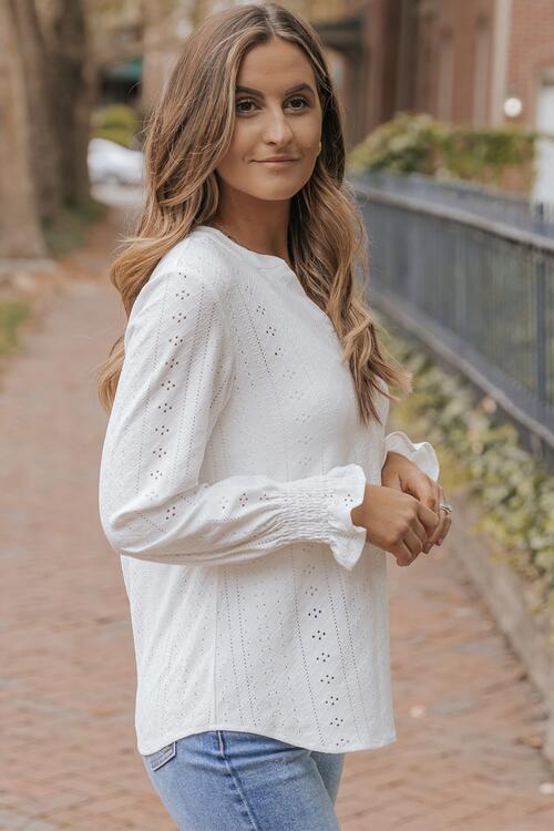 Openwork Notched Flounce Sleeve Blouse - Ladyez